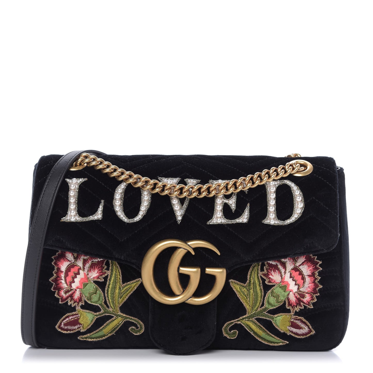 Velvet Matelasse Loved Embroidered Medium GG Marmont Shoulder Bag Black