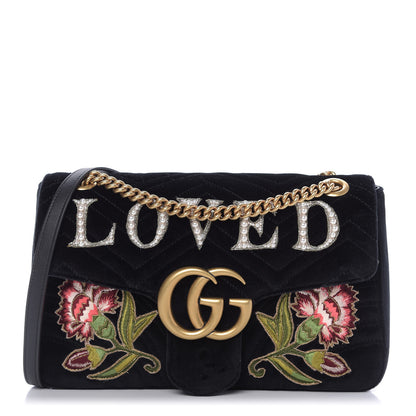 Gucci Velvet Matelasse Loved Embroidered Medium GG Marmont Shoulder Bag Black 1 of 10