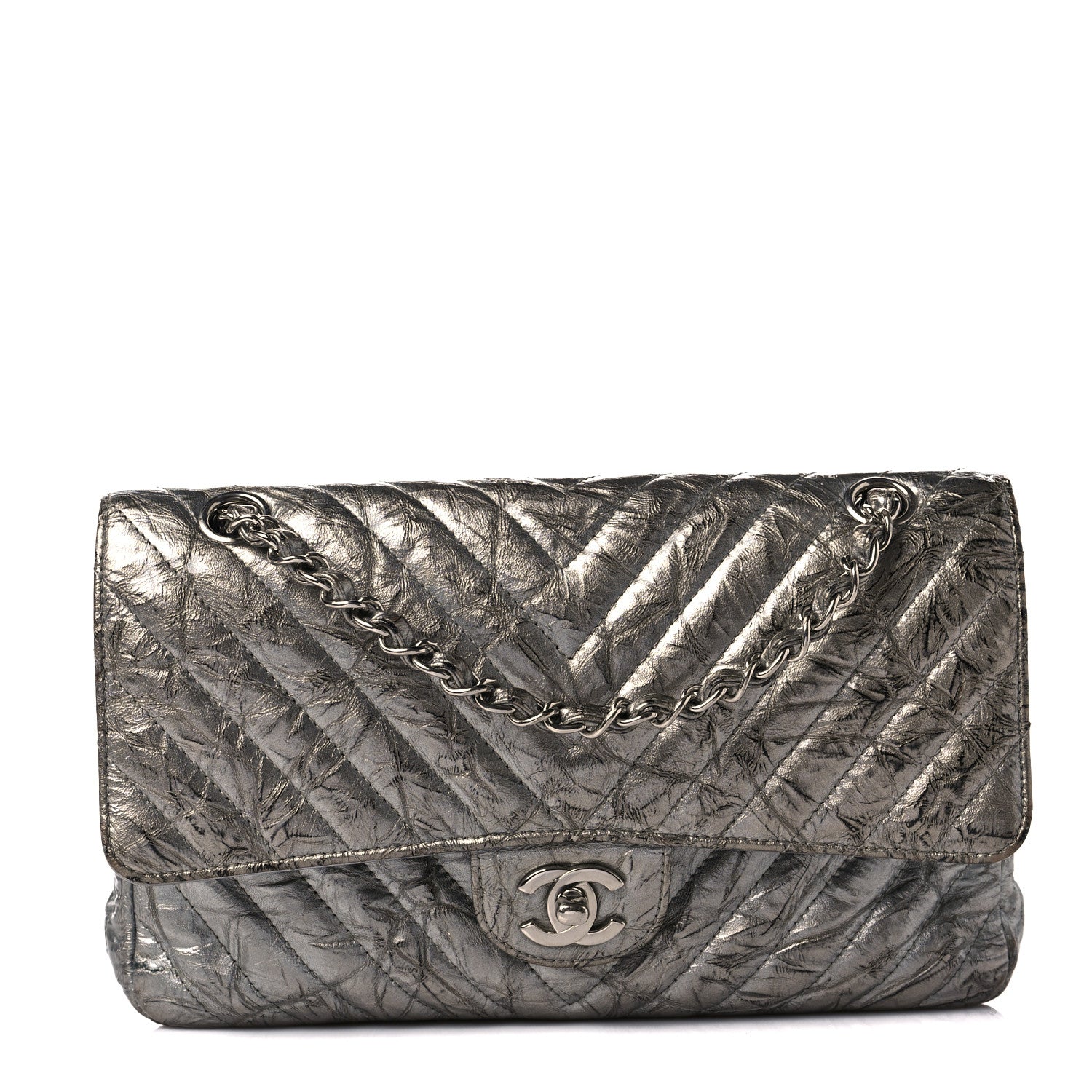 Chanel Metallic Patent Crumpled Calfskin Chevron Quilted Medium Double Flap Silver 1 of 8