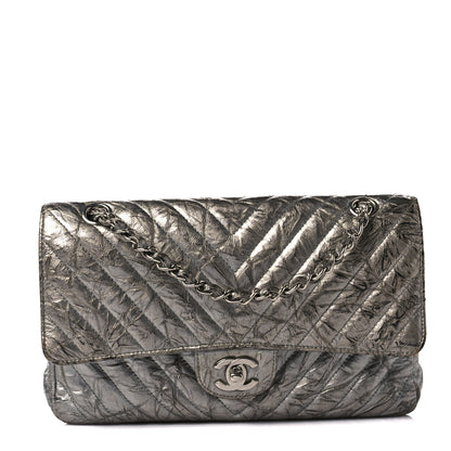 Chanel Metallic Patent Crumpled Calfskin Chevron Quilted Medium Double Flap Silver 1 of 8