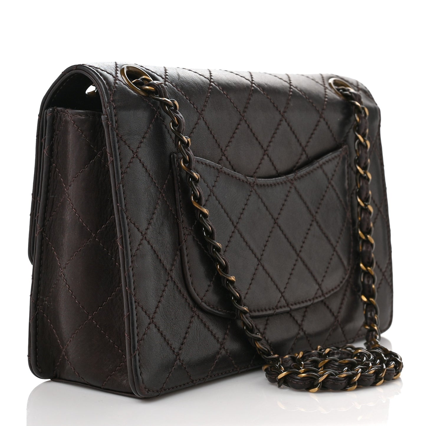 Calfskin Stitched Medium Single Flap Brown