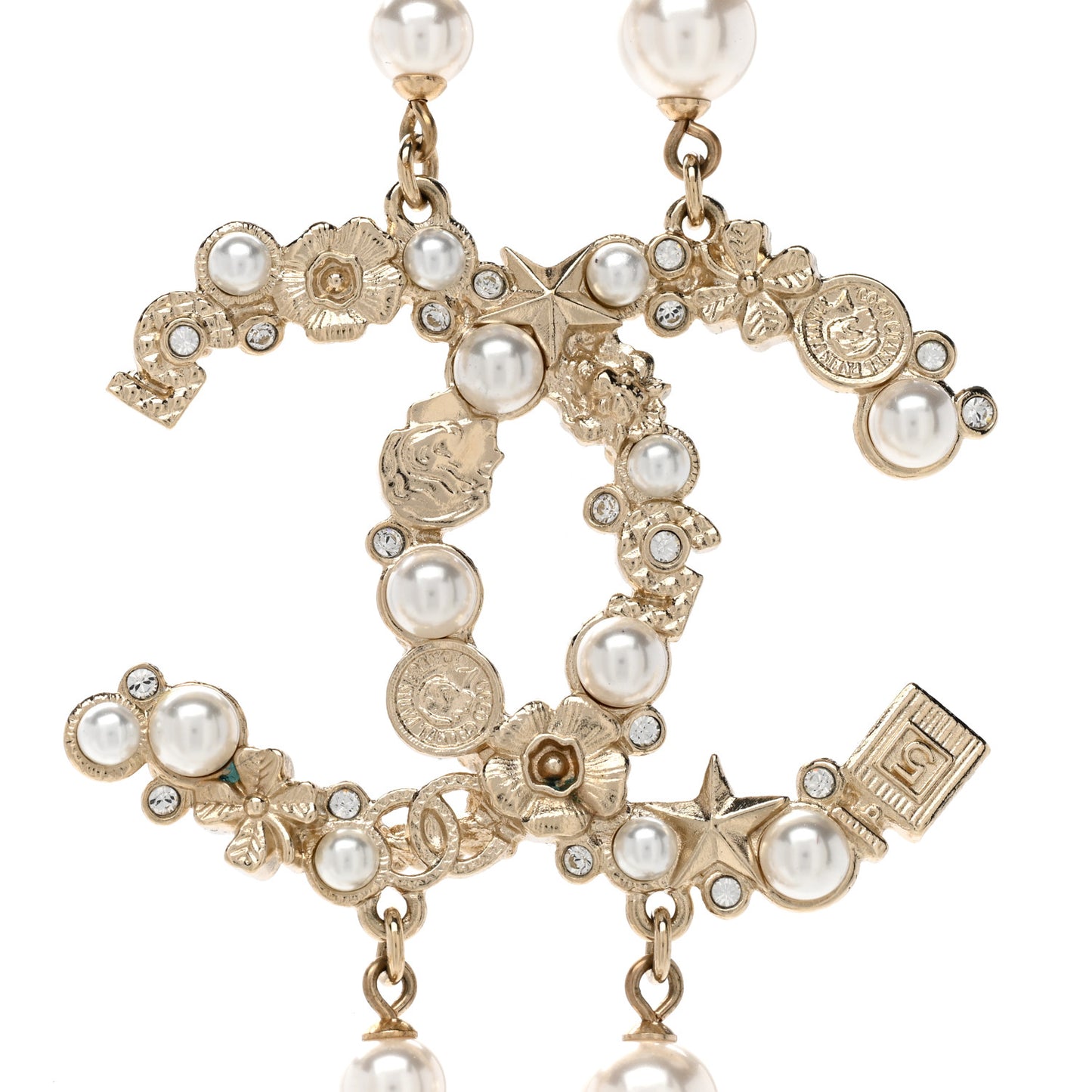 Crystal Pearl CC Charms Necklace Gold