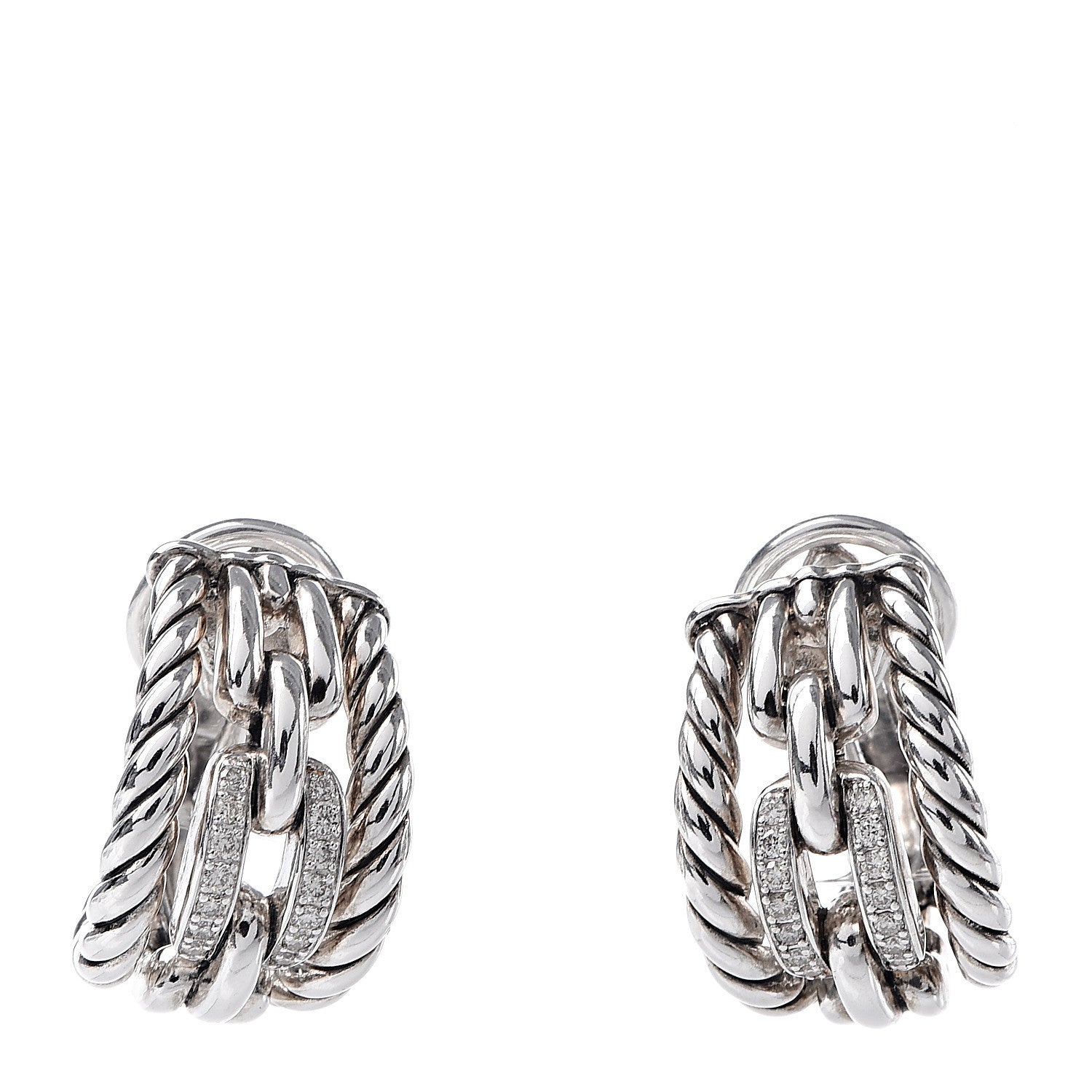 David Yurman Sterling Silver Diamond Wellesley Link Hoop Earrings 1 of 4