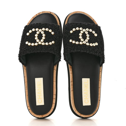 Chanel Fabric Pearl Cork CC Slip On Sandals 40 Black 2 of 10