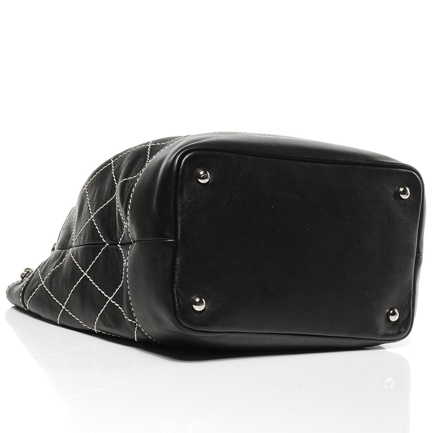 Lambskin Contrast Stitch Small Drawstring Tote Black