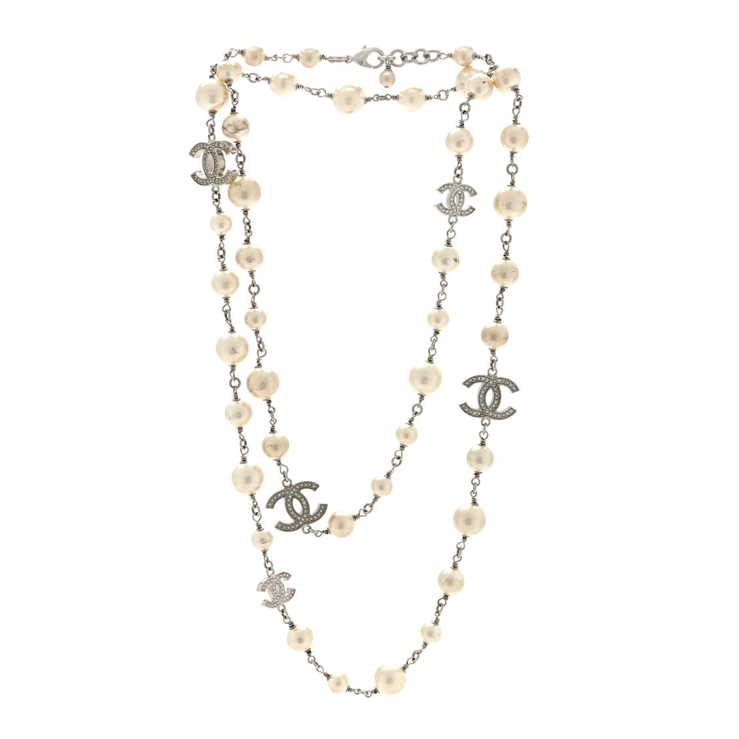 Chanel Graduated Pearl Crystal CC Long Necklace Silver 2 of 4