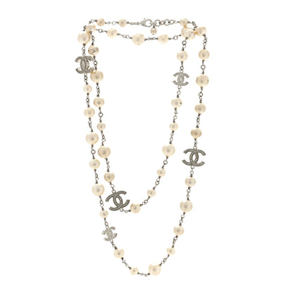 Chanel Graduated Pearl Crystal CC Long Necklace Silver 2 of 4