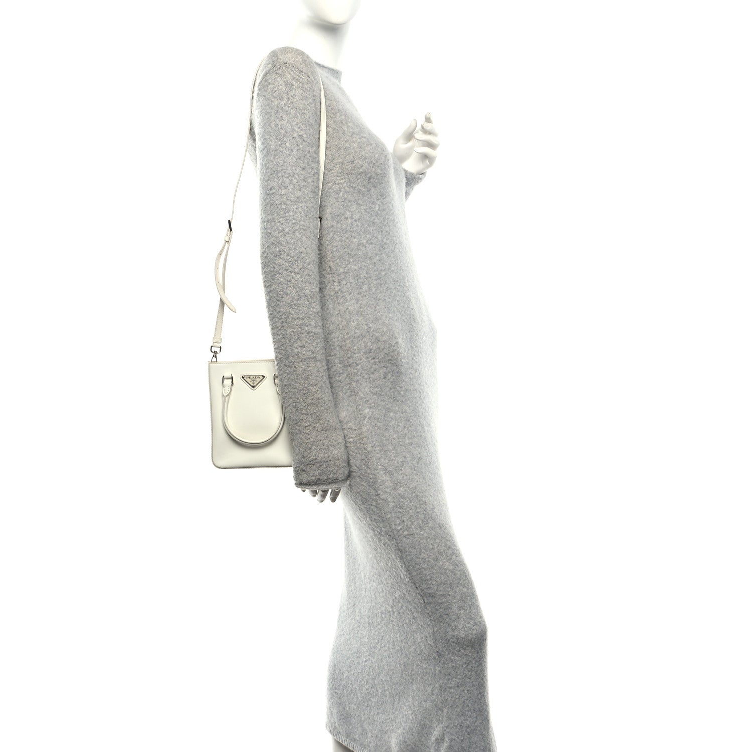 Prada Spazzolato Triangle Small Double Handle Crossbody Tote White 2 of 9