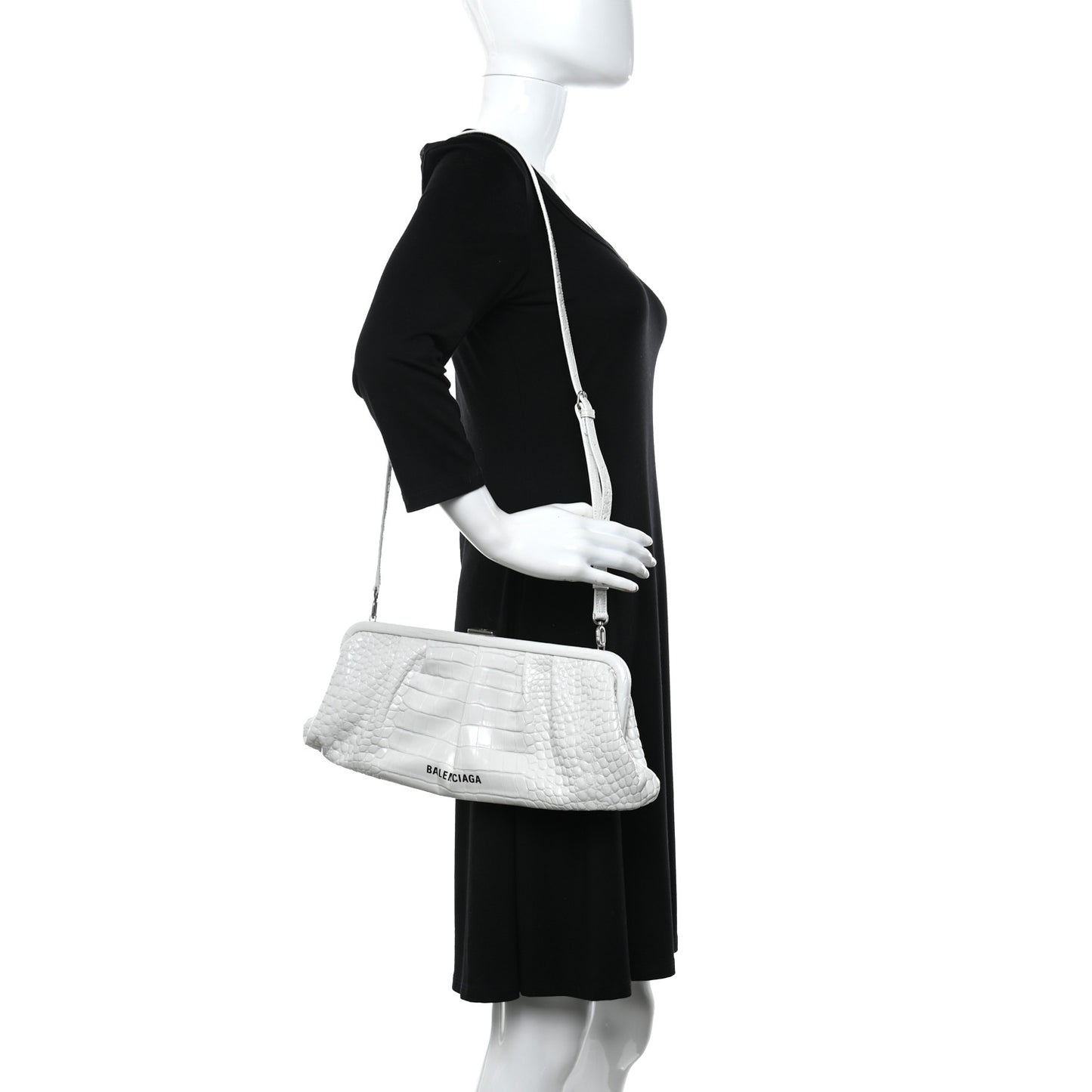Shiny Supple Calfskin Logo Crocodile Embossed XL Cloud Clutch White