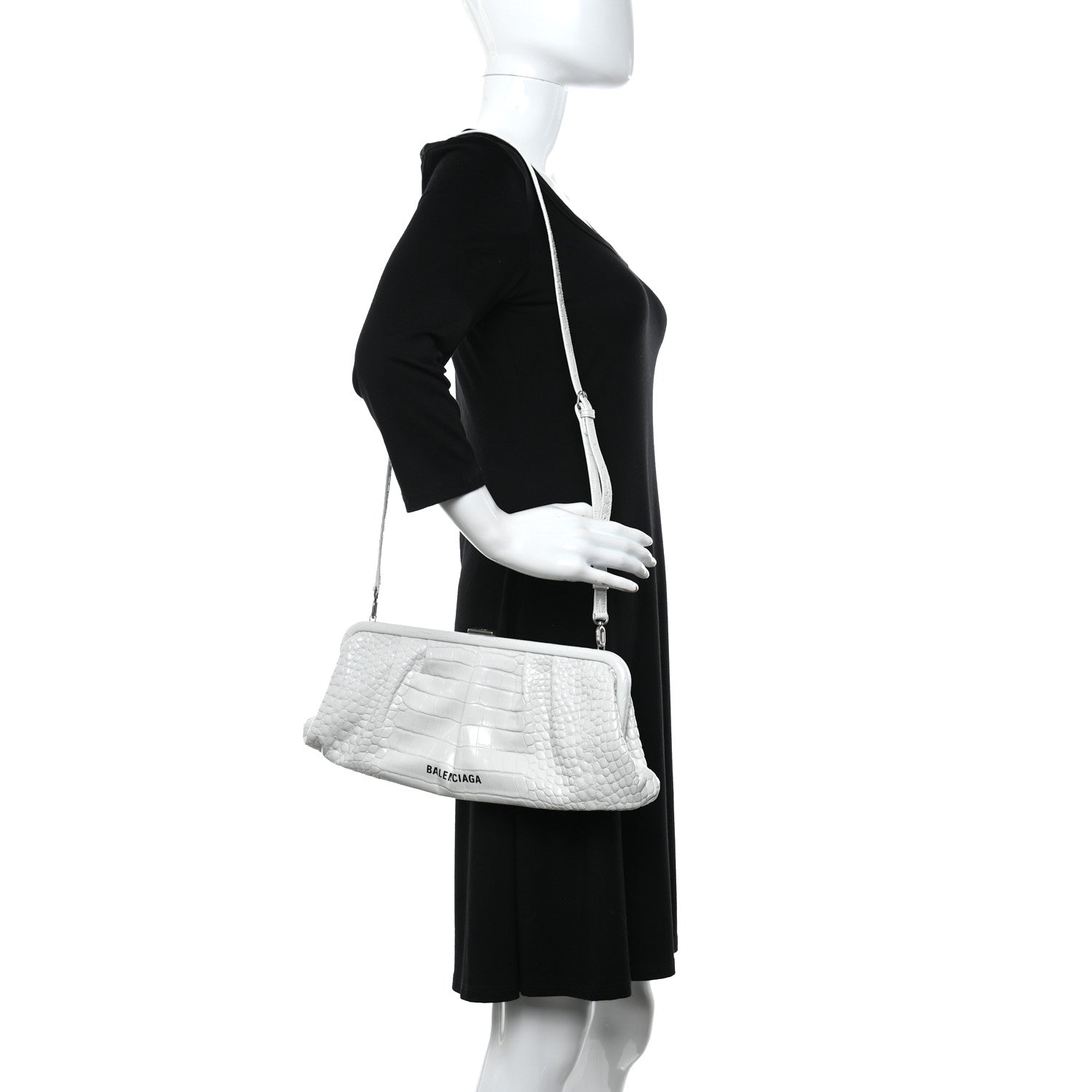 Balenciaga Shiny Supple Calfskin Logo Crocodile Embossed XL Cloud Clutch White 2 of 12