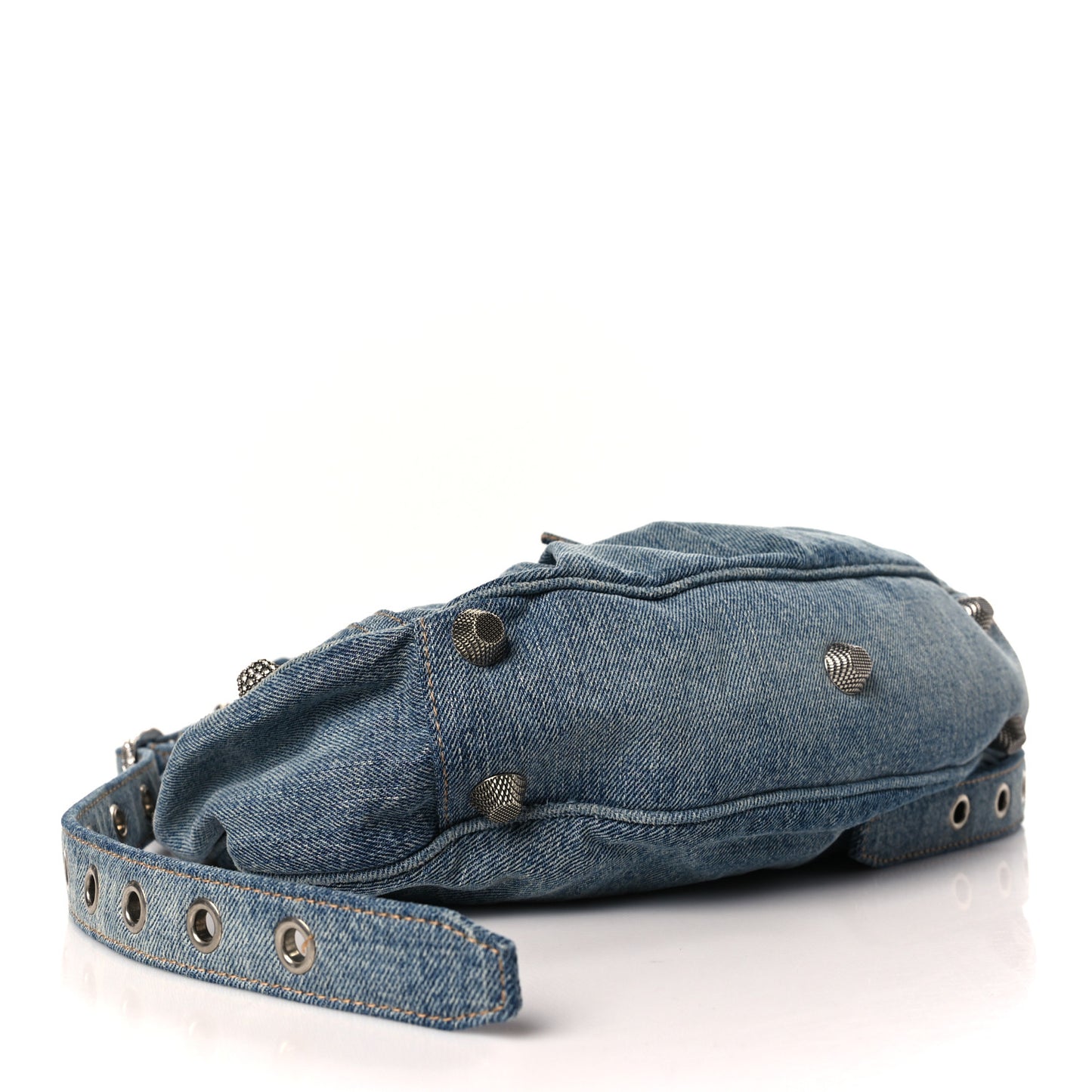 Washed Frayed Denim Crystal Small Le Cagole Shoulder Bag Blue