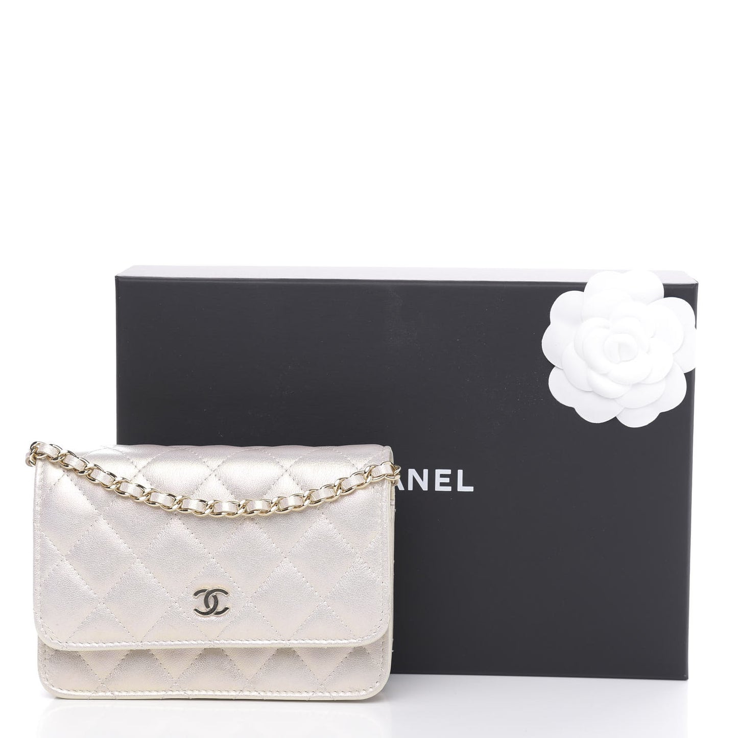 Iridescent Lambskin Quilted Mini Wallet On Chain WOC Ivory