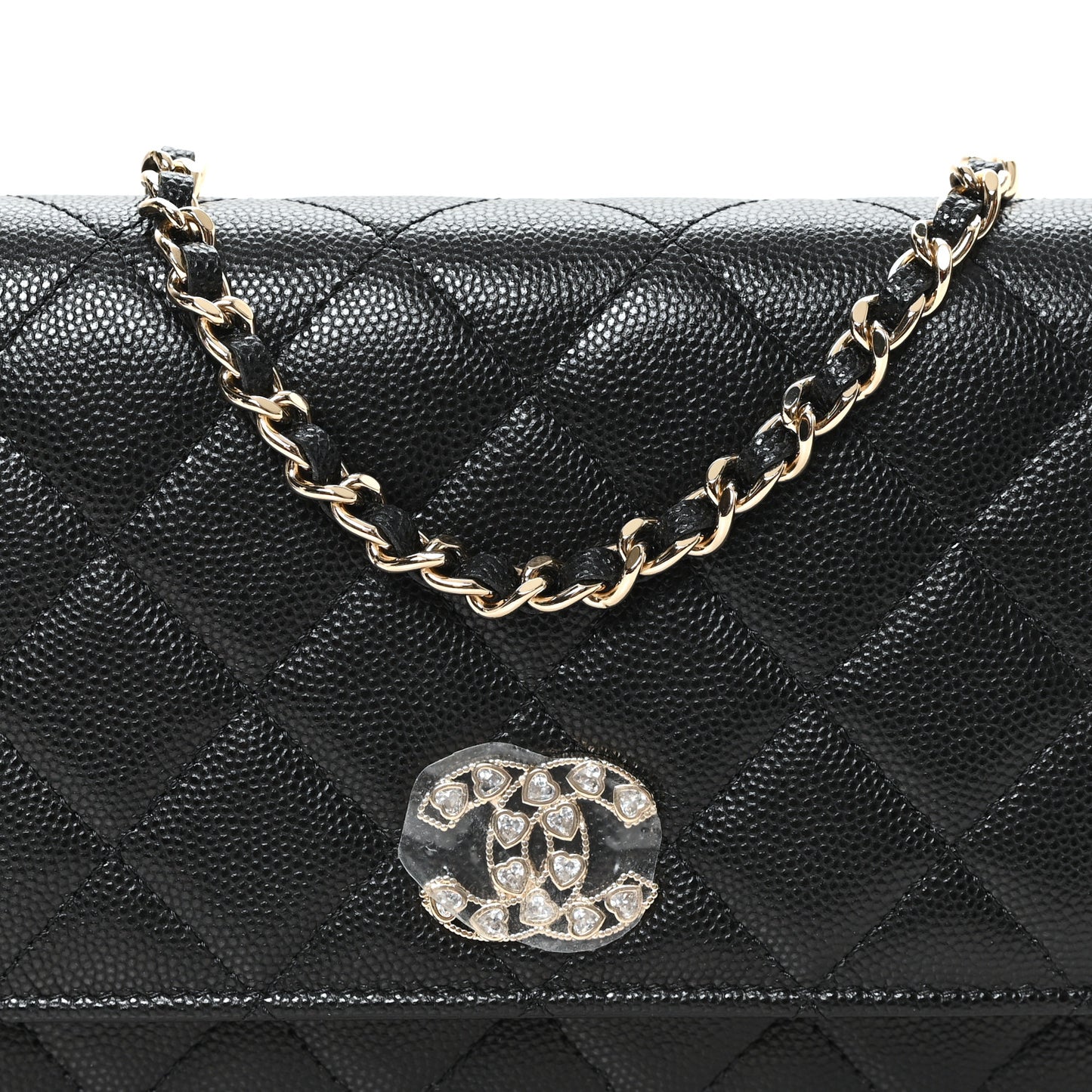 Caviar Quilted Crystal Heart CC Wallet On Chain WOC Black