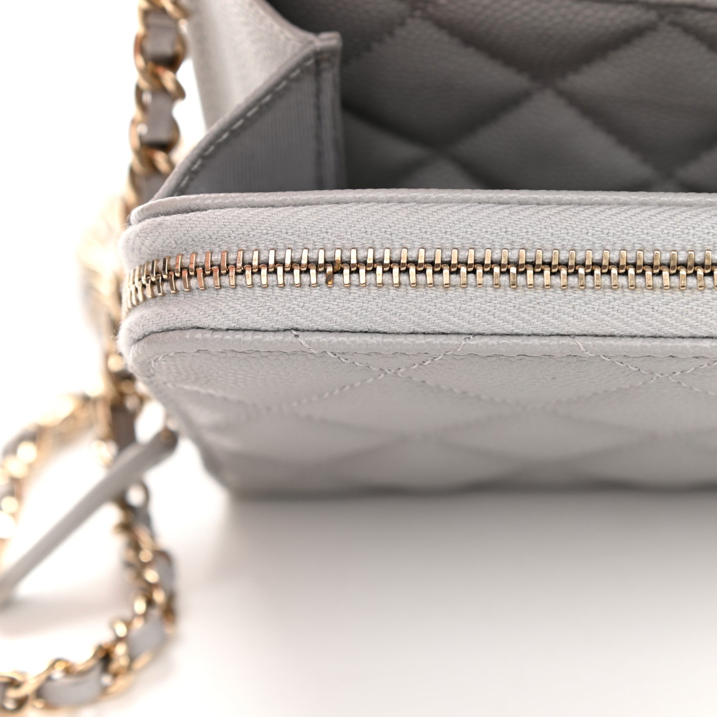 Caviar Quilted Phone Holder Wallet on Removable Chain Grey