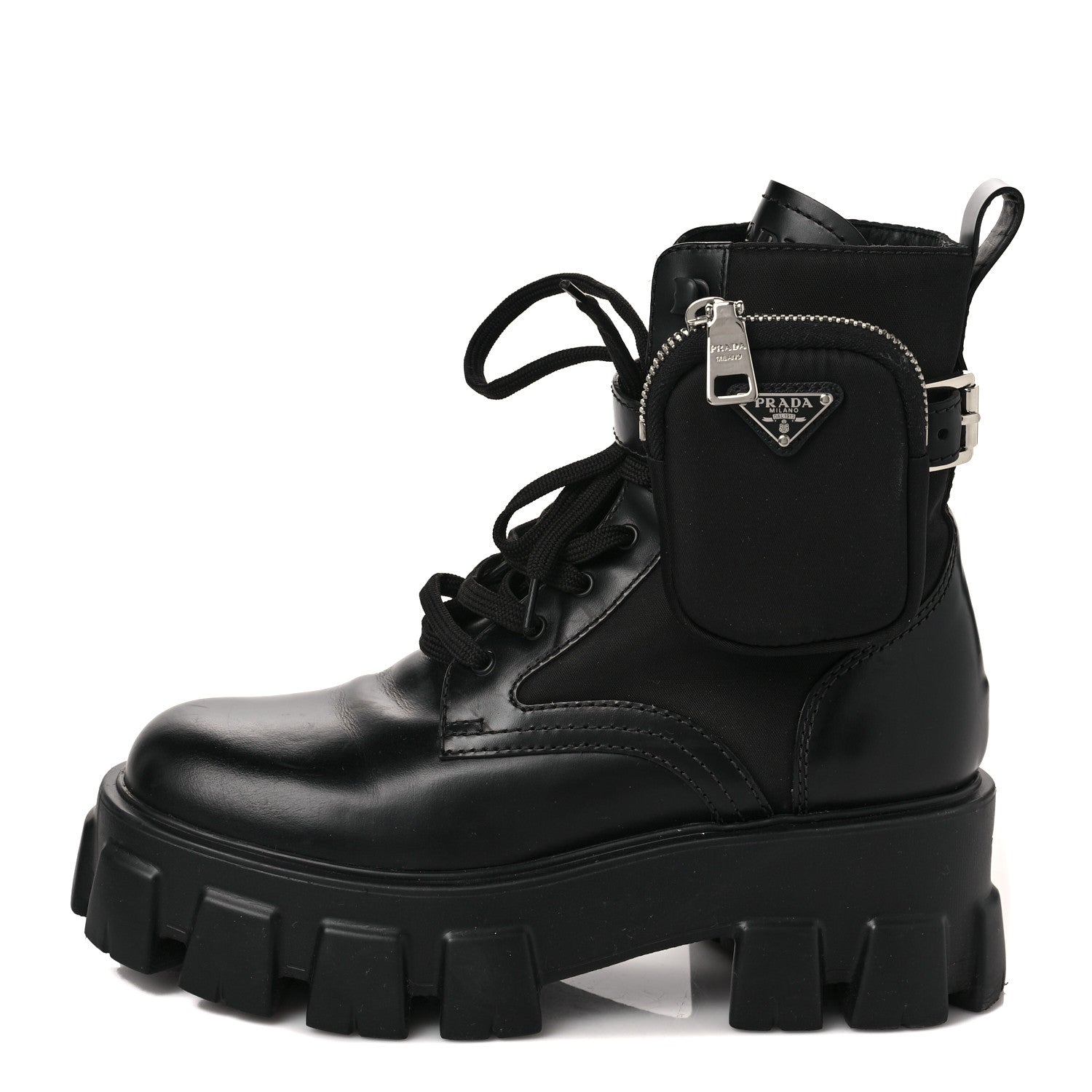 Prada Spazzolato Rois Nylon Metal Triangle Logo Monolith Pouch Pocket 55mm Boots 37 Black 1 of 8