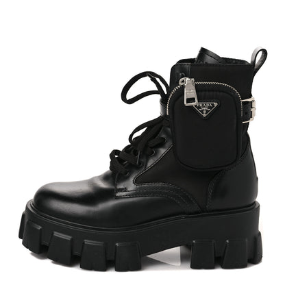 Prada Spazzolato Rois Nylon Metal Triangle Logo Monolith Pouch Pocket 55mm Boots 37 Black 1 of 8