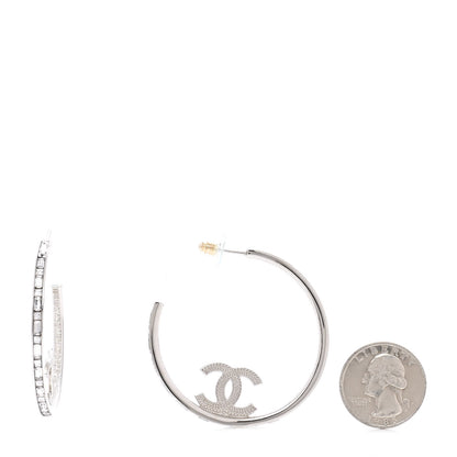 Chanel Metal Crystal Baguette CC Large Hoop Earrings Silver 2 of 4