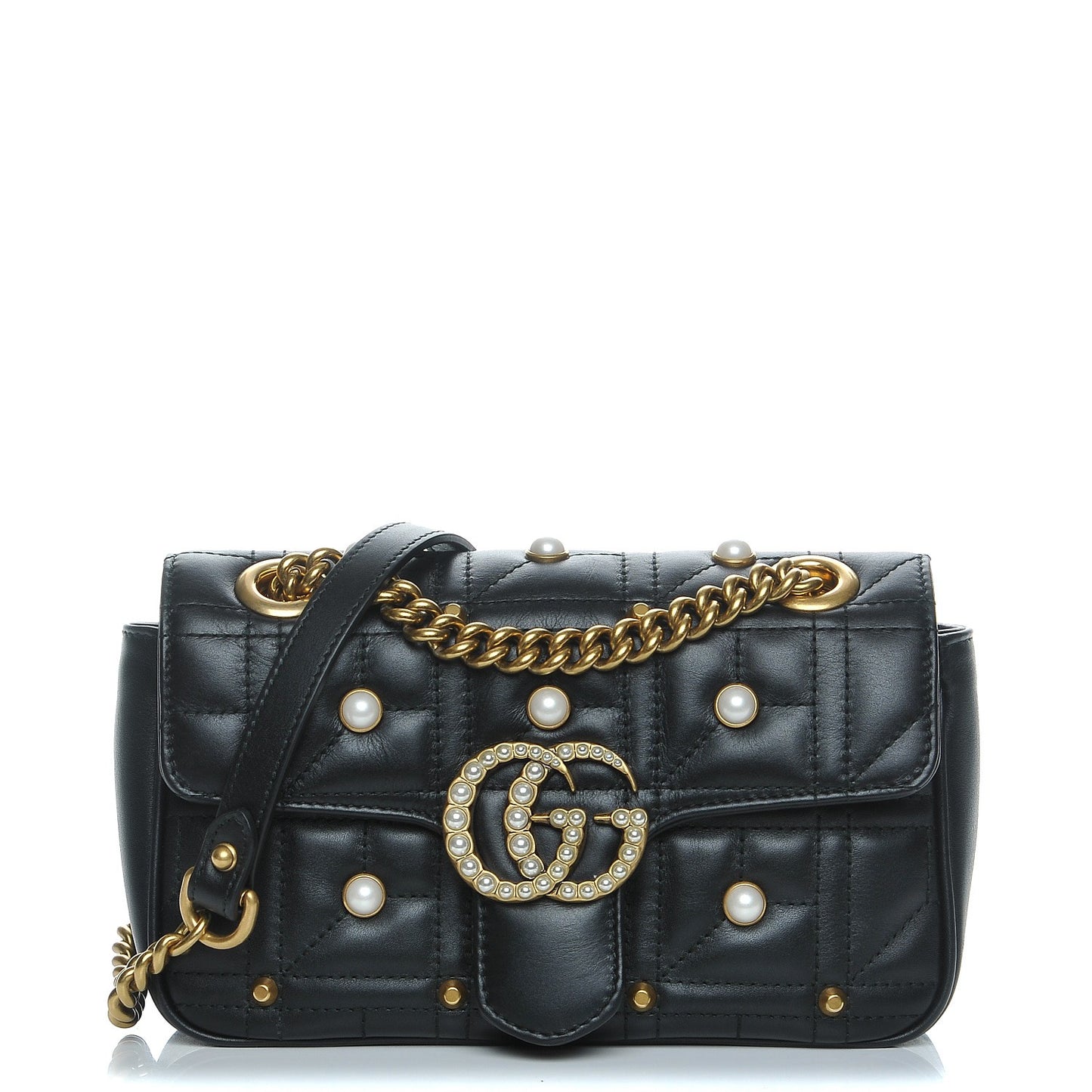 Calfskin Matelasse Studded Mini Pearly GG Marmont Shoulder Bag Black