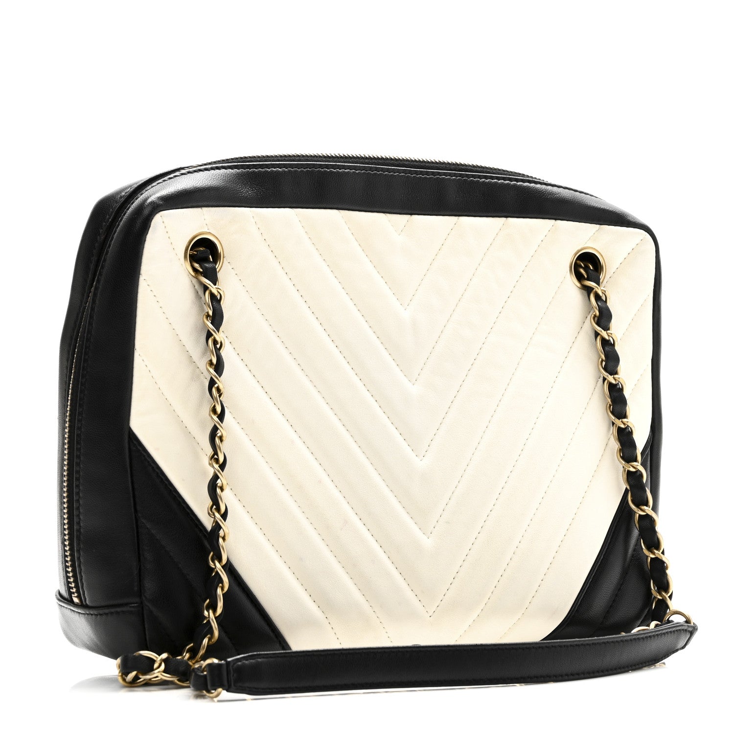 Chanel Lambskin Chevron Quilted Camera Case Black White 3 of 10