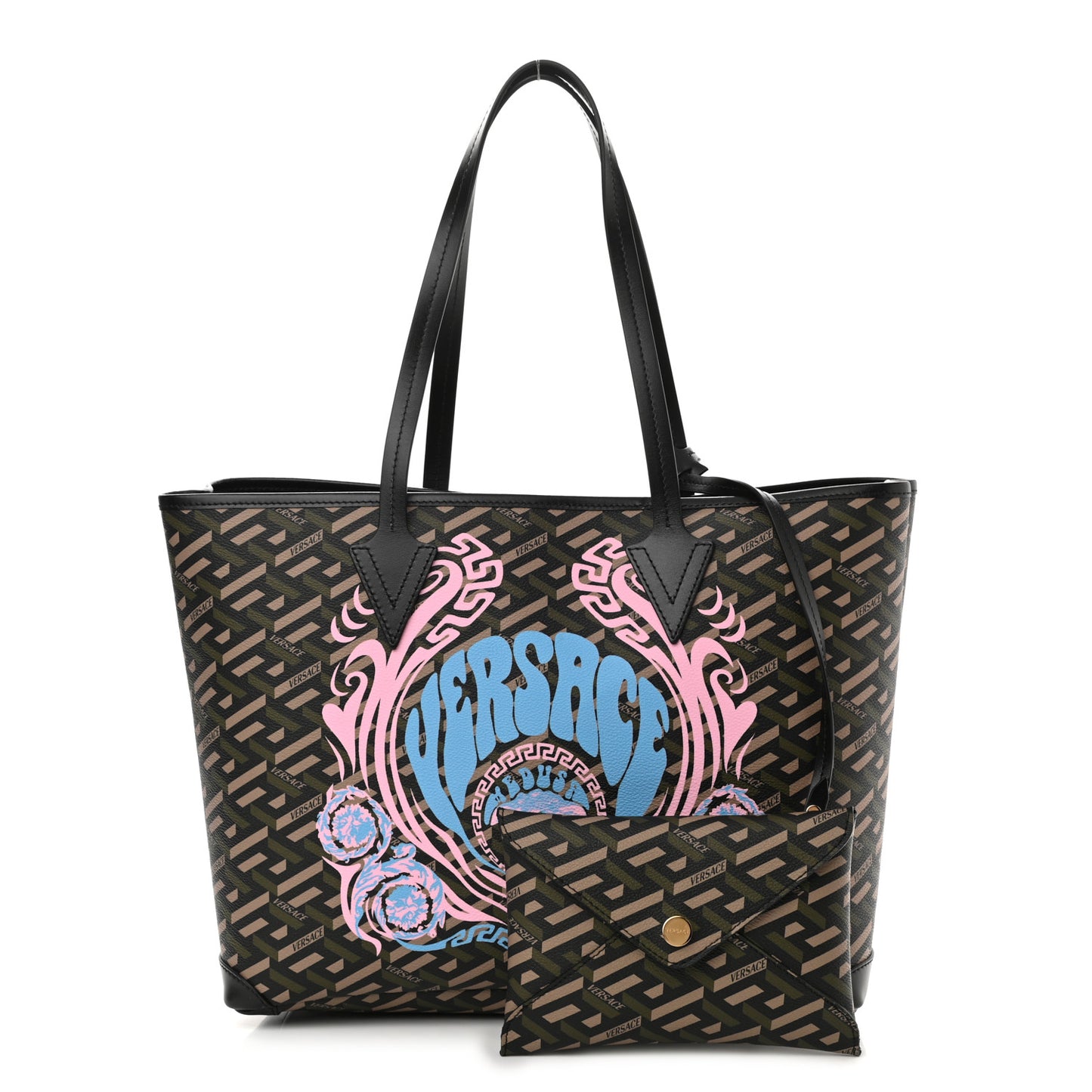 Coated Canvas Calfskin La Greca Medusa Music Signature Shopper Tote Bag Black Khaki Multicolor