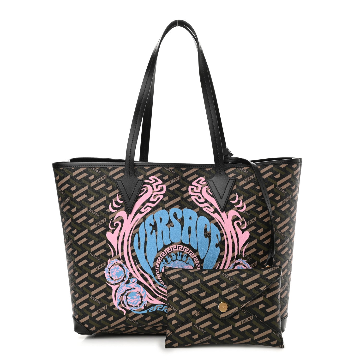 Versace Coated Canvas Calfskin La Greca Medusa Music Signature Shopper Tote Bag Black Khaki Multicolor 1 of 9