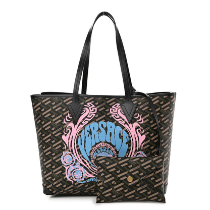 Versace Coated Canvas Calfskin La Greca Medusa Music Signature Shopper Tote Bag Black Khaki Multicolor 1 of 9