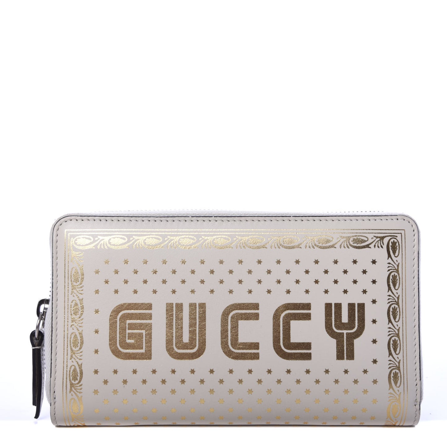 X SEGA Calfskin GUCCY Stars Zip Around Wallet Mystic White Gold