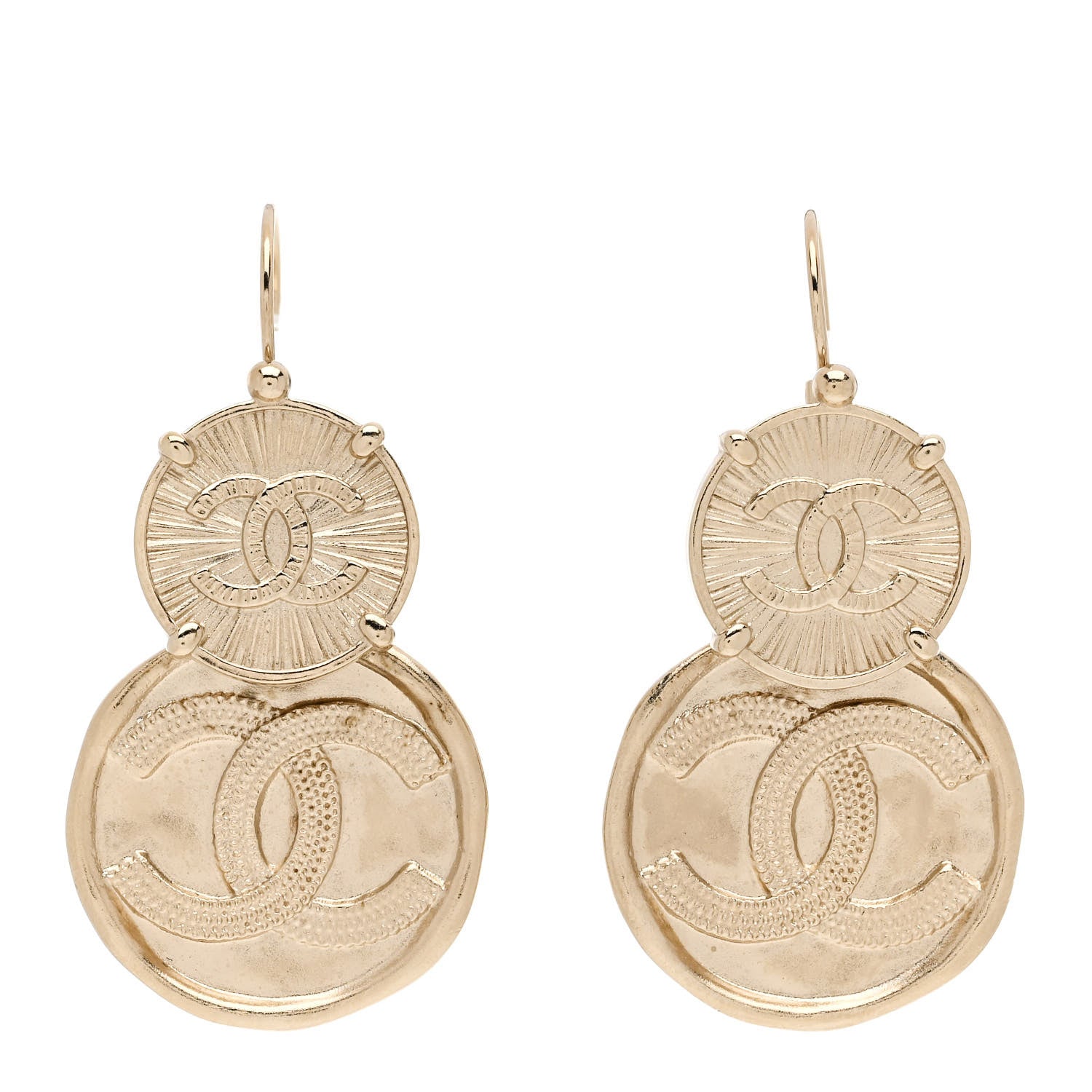 Chanel Metal Round CC Medallion Drop Earrings Gold 1 of 5