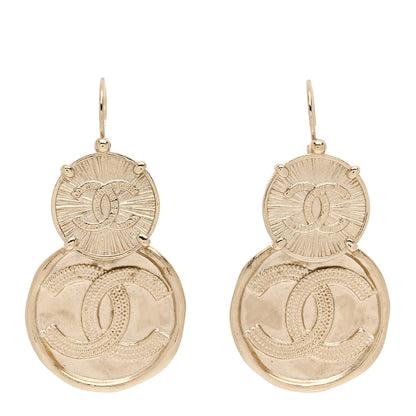 Chanel Metal Round CC Medallion Drop Earrings Gold 1 of 5