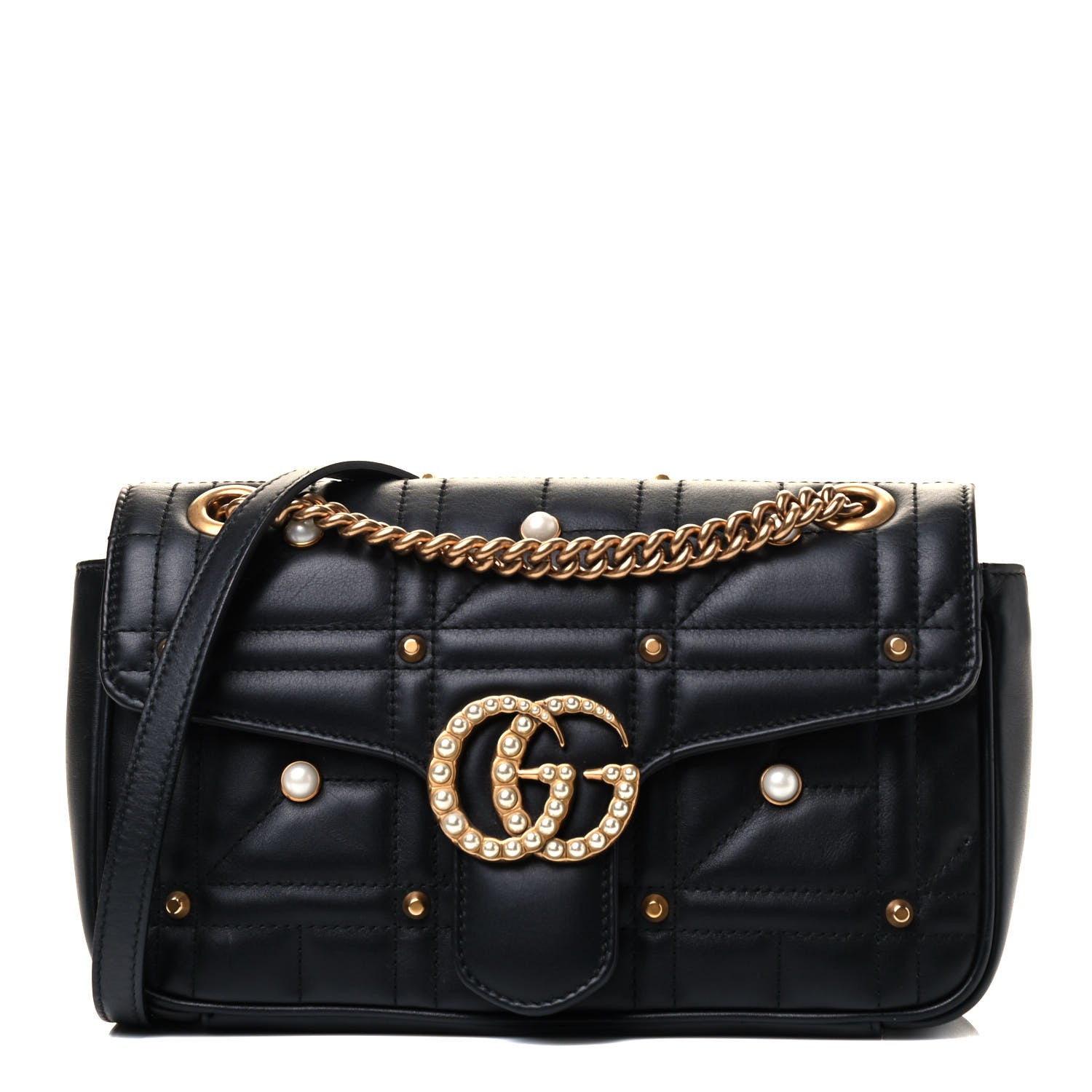 Gucci Calfskin Matelasse Studded Small Pearly GG Marmont Shoulder Bag Black 1 of 4
