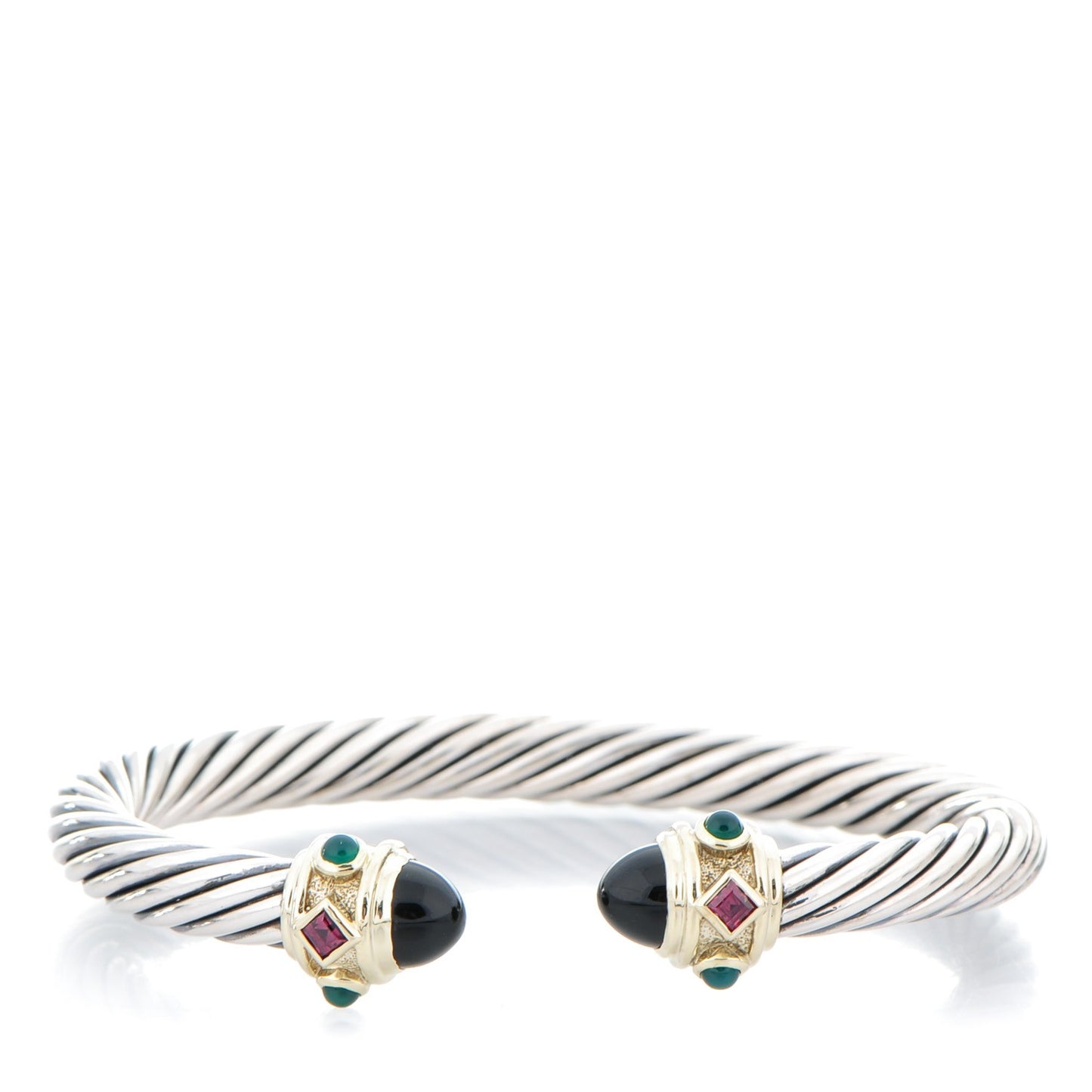 Sterling Silver 14K Yellow Gold Black Onyx Pink Tourmaline Emerald 7mm Cable Renaissance Bracelet