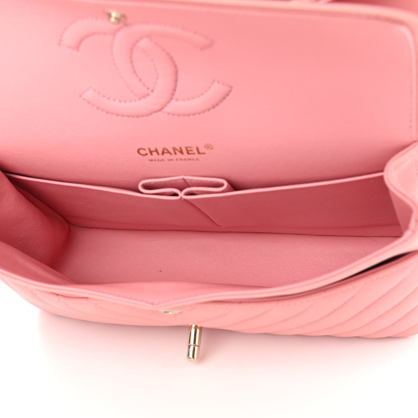 Caviar Flat Chevron Quilted Medium Double Flap Pink