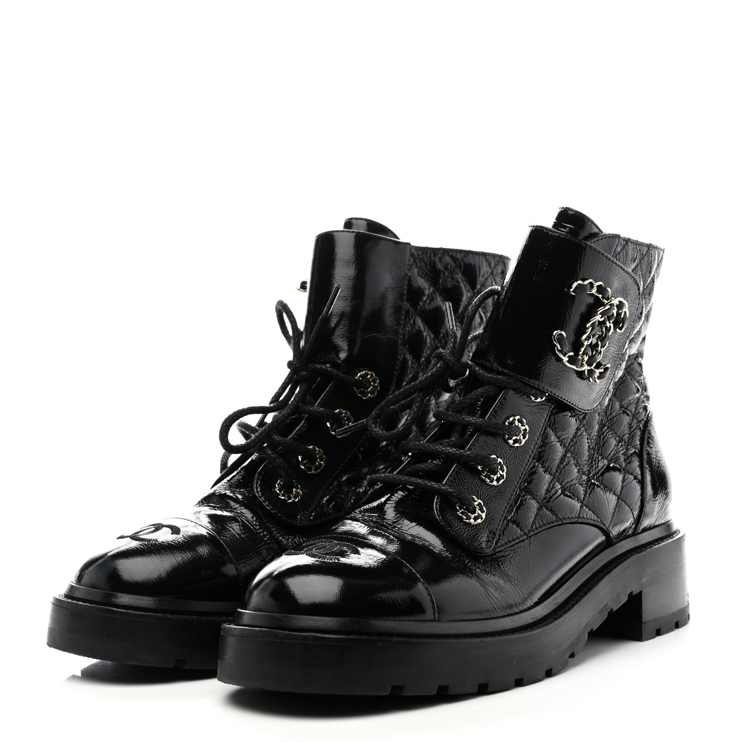 Shiny Lambskin Quilted Lace Up Combat Boots 38.5 Black