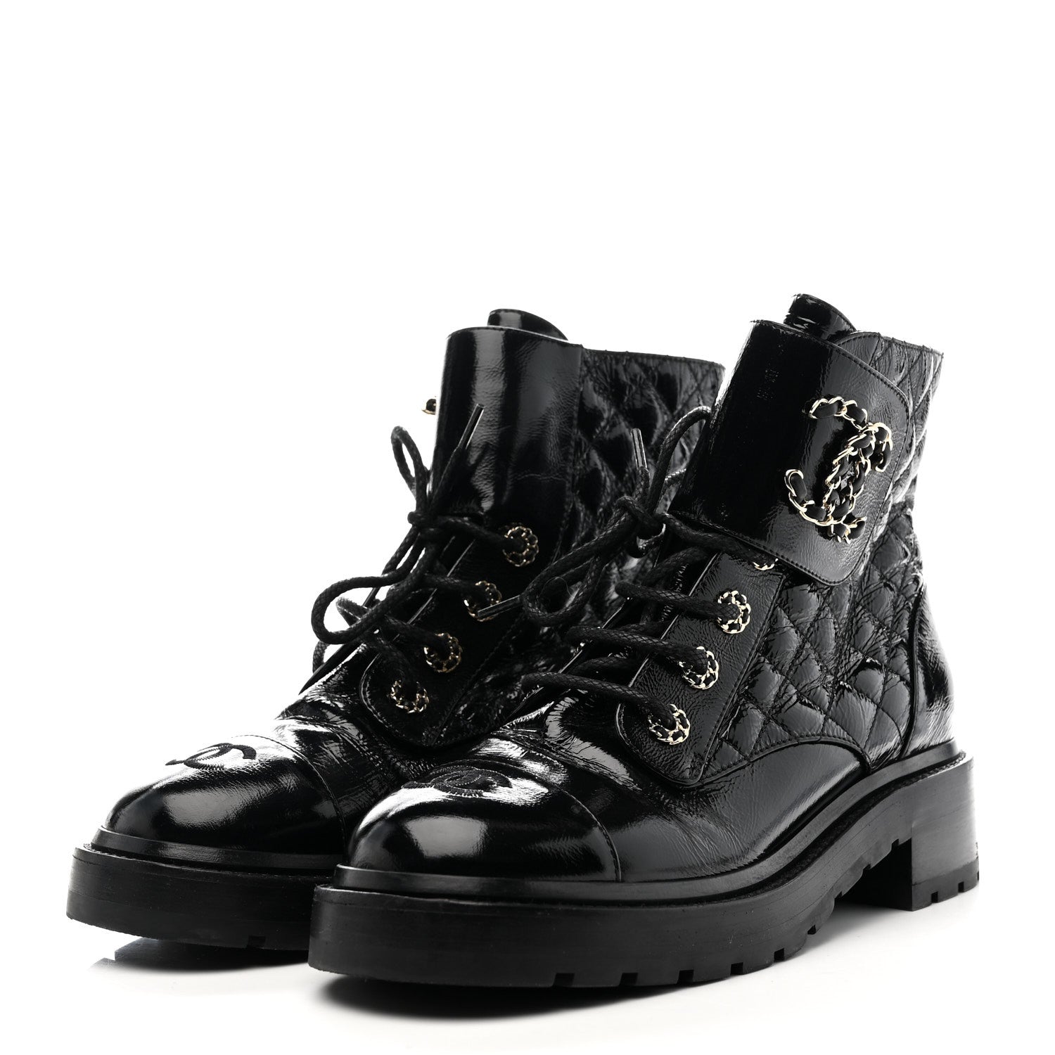 Chanel Shiny Lambskin Quilted Lace Up Combat Boots 38.5 Black 3 of 10