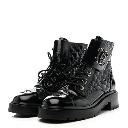 Chanel Shiny Lambskin Quilted Lace Up Combat Boots 38.5 Black 3 of 10