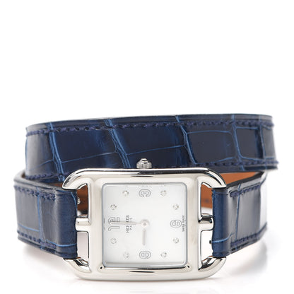 Hermes Stainless Steel Alligator Diamond Mother of Pearl 23mm Cape Cod Double Tour Quartz Watch Bleu Saphir 2 of 5