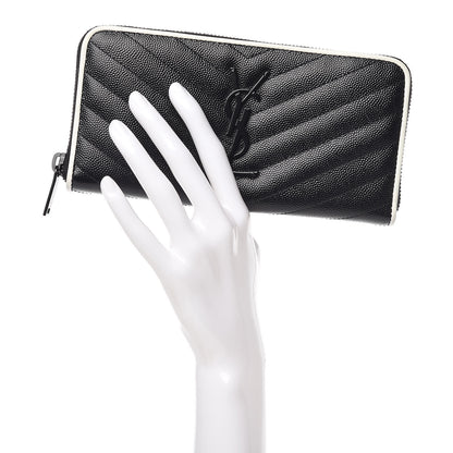 Saint Laurent Grain De Poudre Matelasse Chevron Monogram Zip Around Wallet Black Dove White 2 of 10