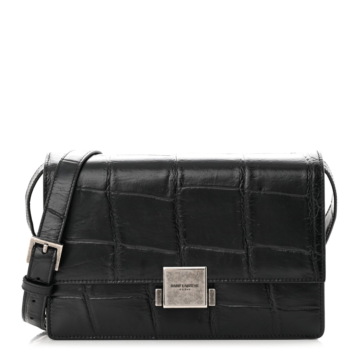 Calfskin Crocodile Embossed Medium Bellechasse Satchel Black