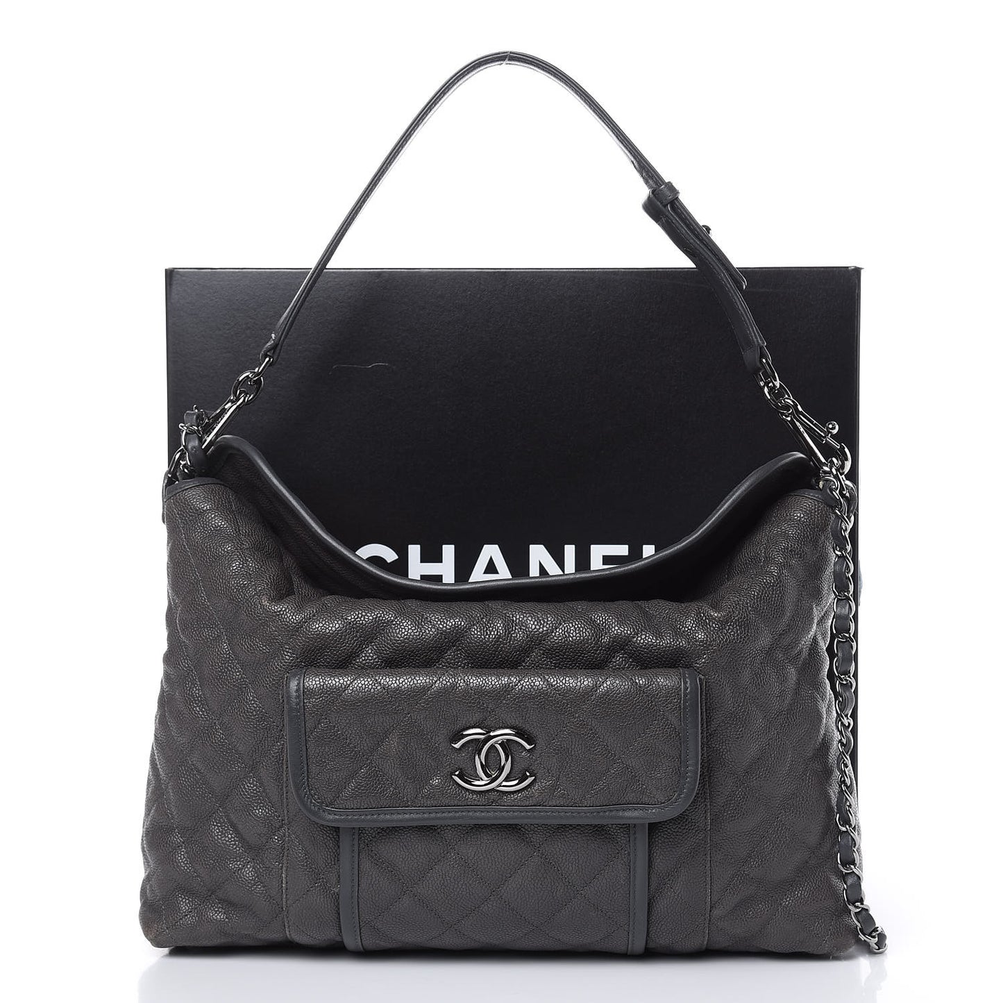 Caviar Quilted French Riviera Hobo Dark Grey