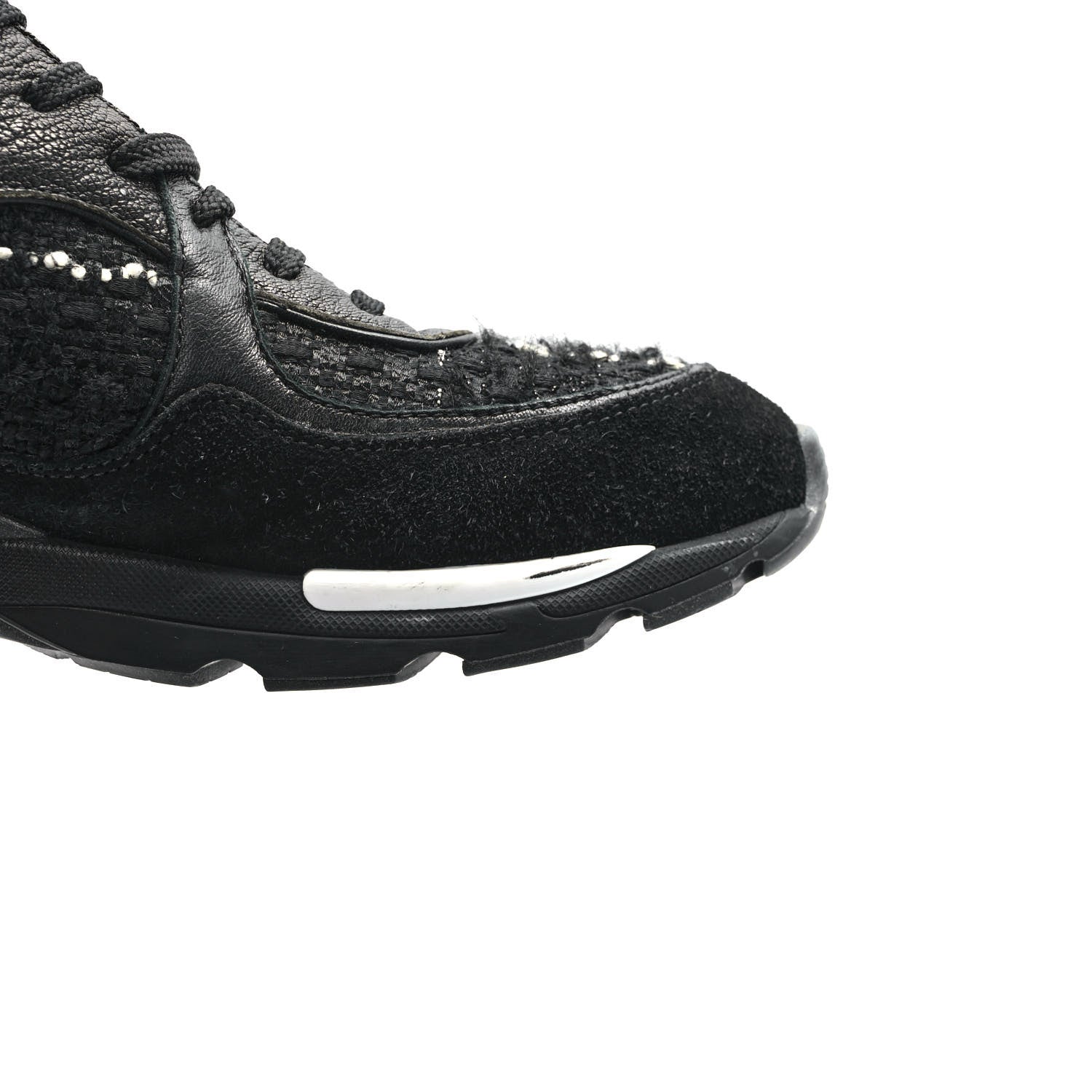 Chanel Tweed Suede Goatskin CC Sneakers 37.5 Black White 9 of 12