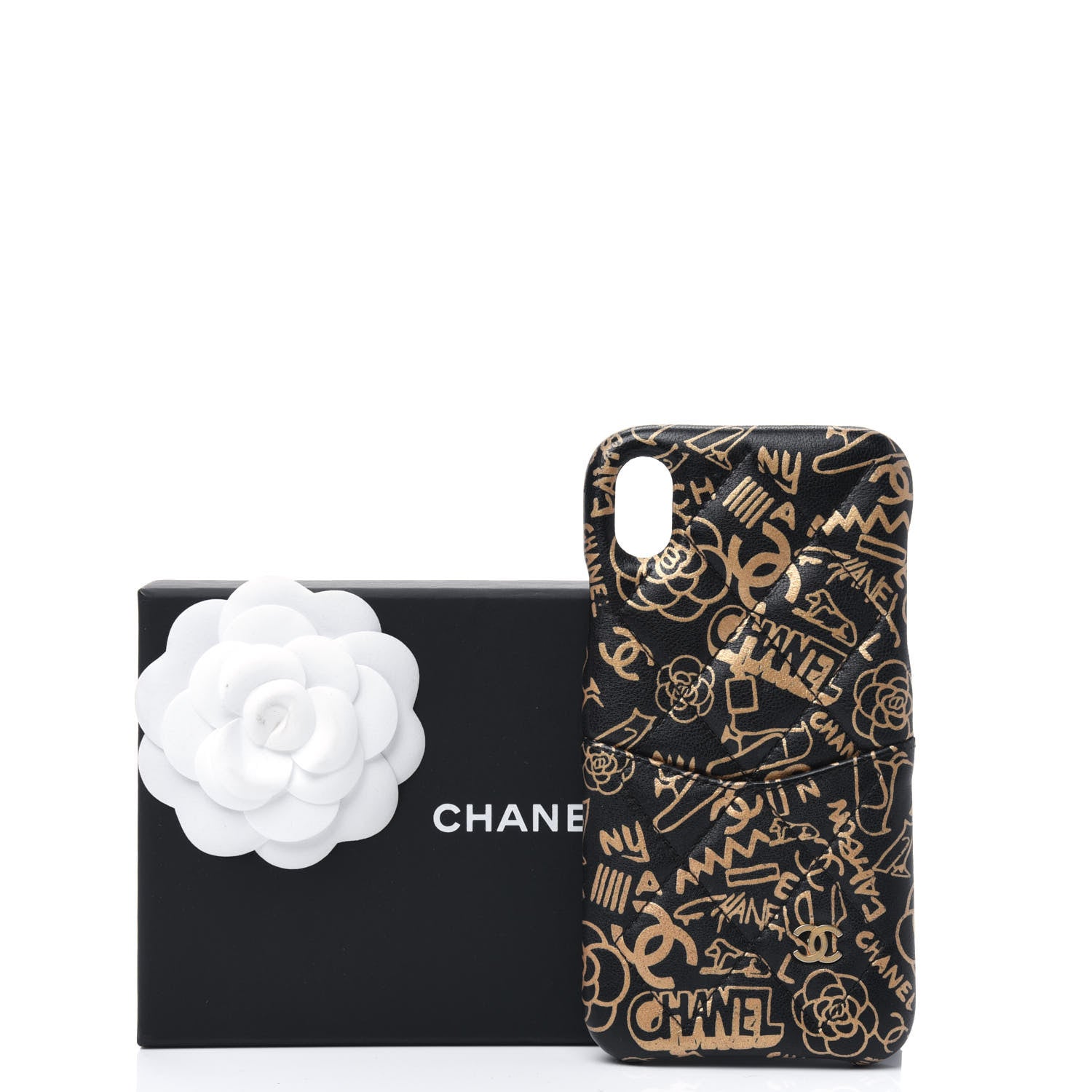 Chanel Lambskin Quilted iPhone XR Coco Tech Egyptian Graffiti Case Black Gold 15 of 15