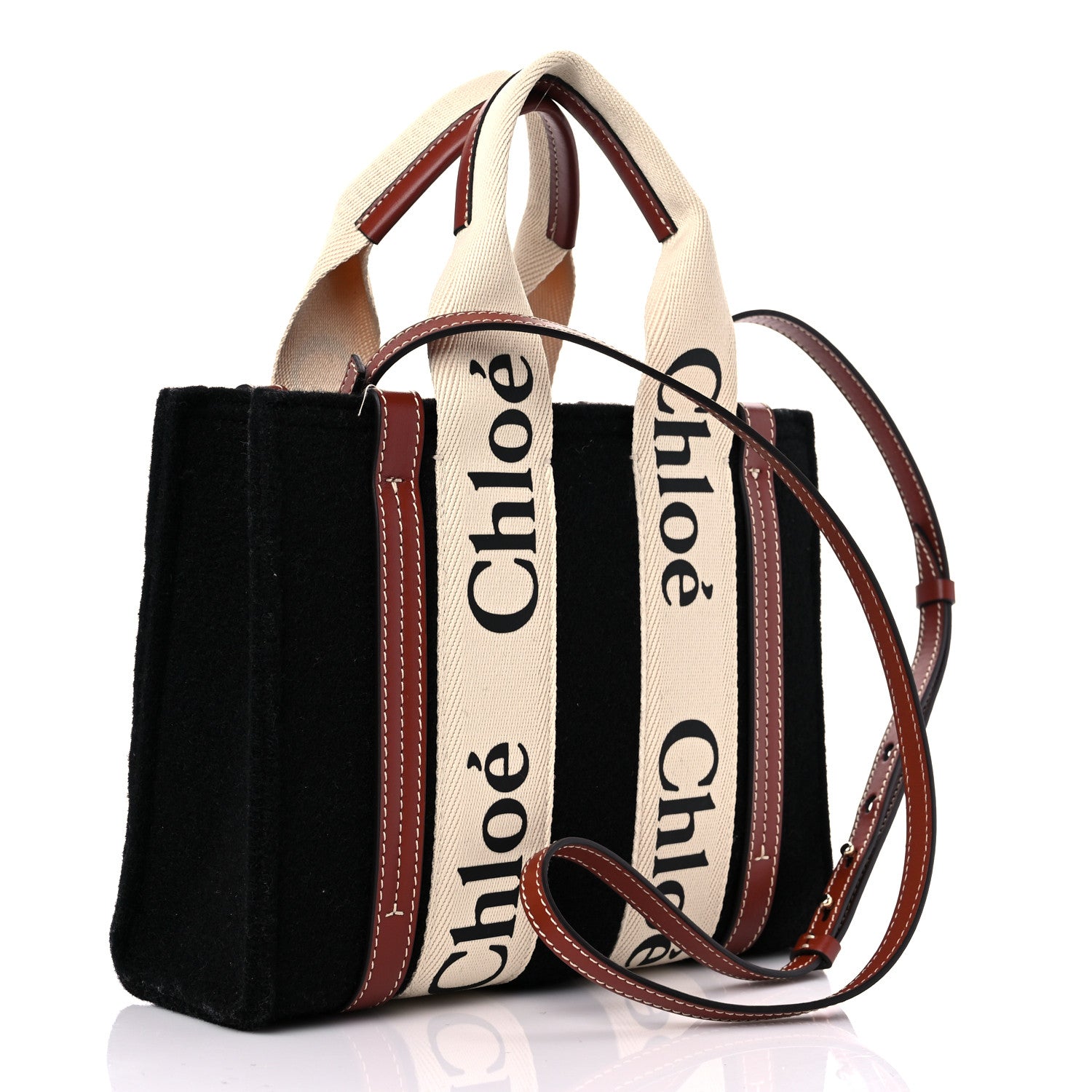 Chloe Felt Calfskin Small Woody Ribbon Tote With Strap Black 3 of 9