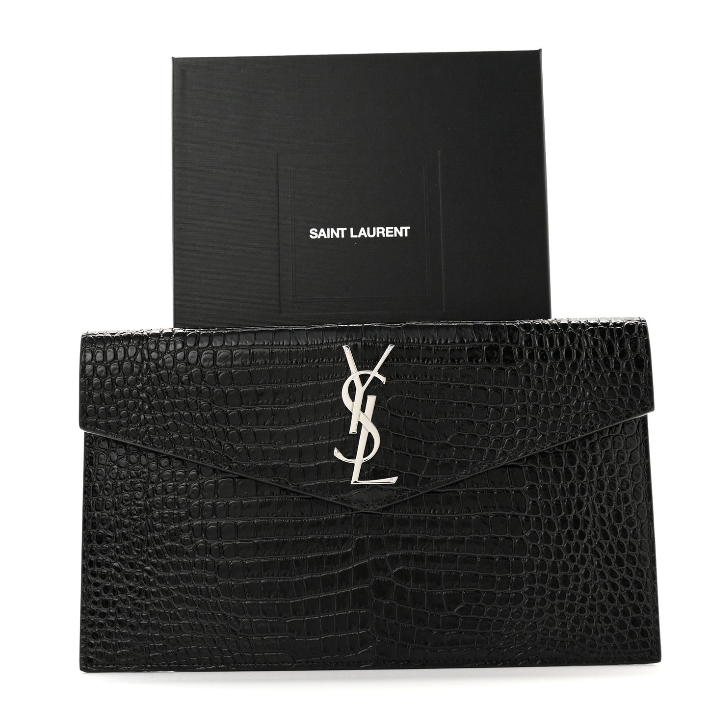 Calfskin Crocodile Embossed Uptown Monogram Clutch Black