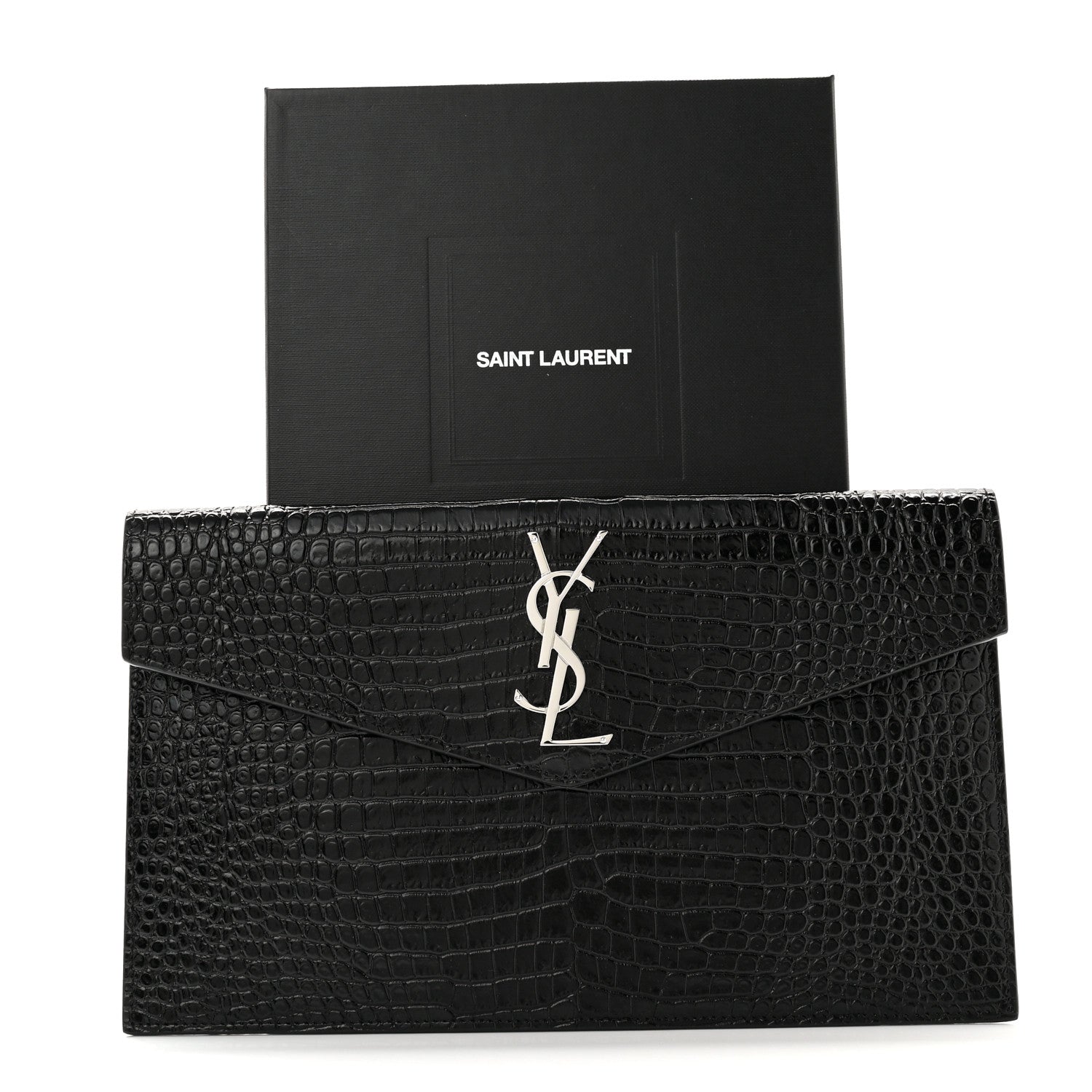 Saint Laurent Calfskin Crocodile Embossed Uptown Monogram Clutch Black 7 of 7