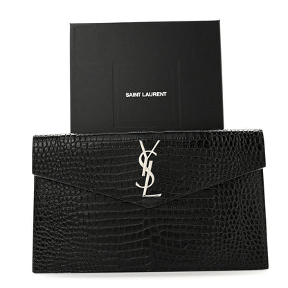 Saint Laurent Calfskin Crocodile Embossed Uptown Monogram Clutch Black 7 of 7