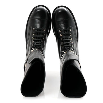 Chanel Lambskin Calfskin Lace Up Combat Boots 39 Black 2 of 9
