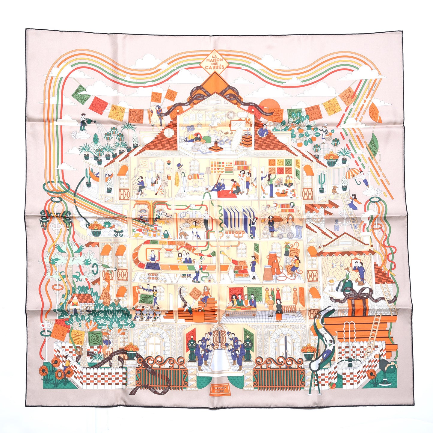 Silk La Maizeon Des Carres 90 Scarf Beige Orange Vert