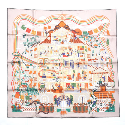Hermes Silk La Maizeon Des Carres 90 Scarf Beige Orange Vert 1 of 7