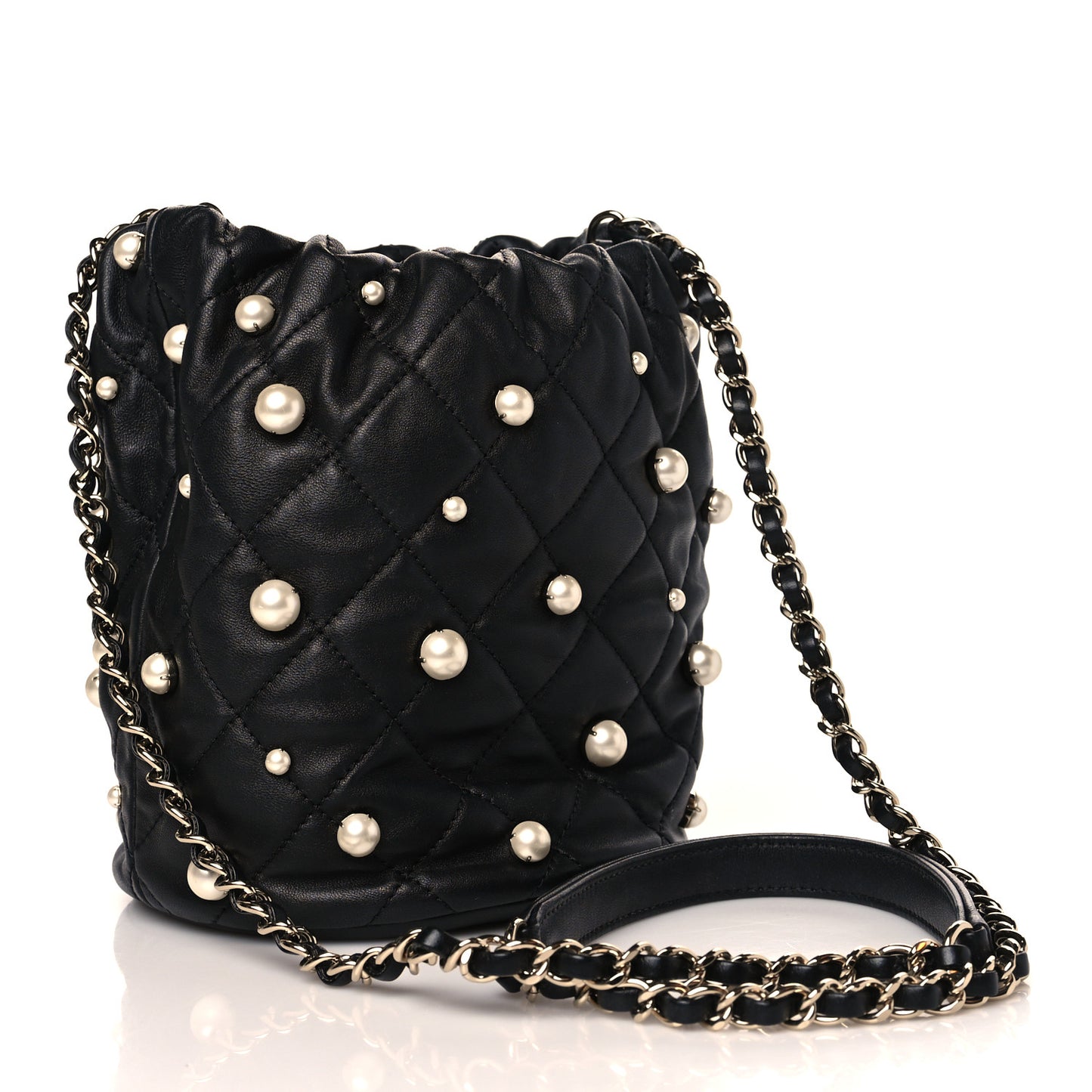 Lambskin Quilted Pearl About Pearls Drawstring Bag Black