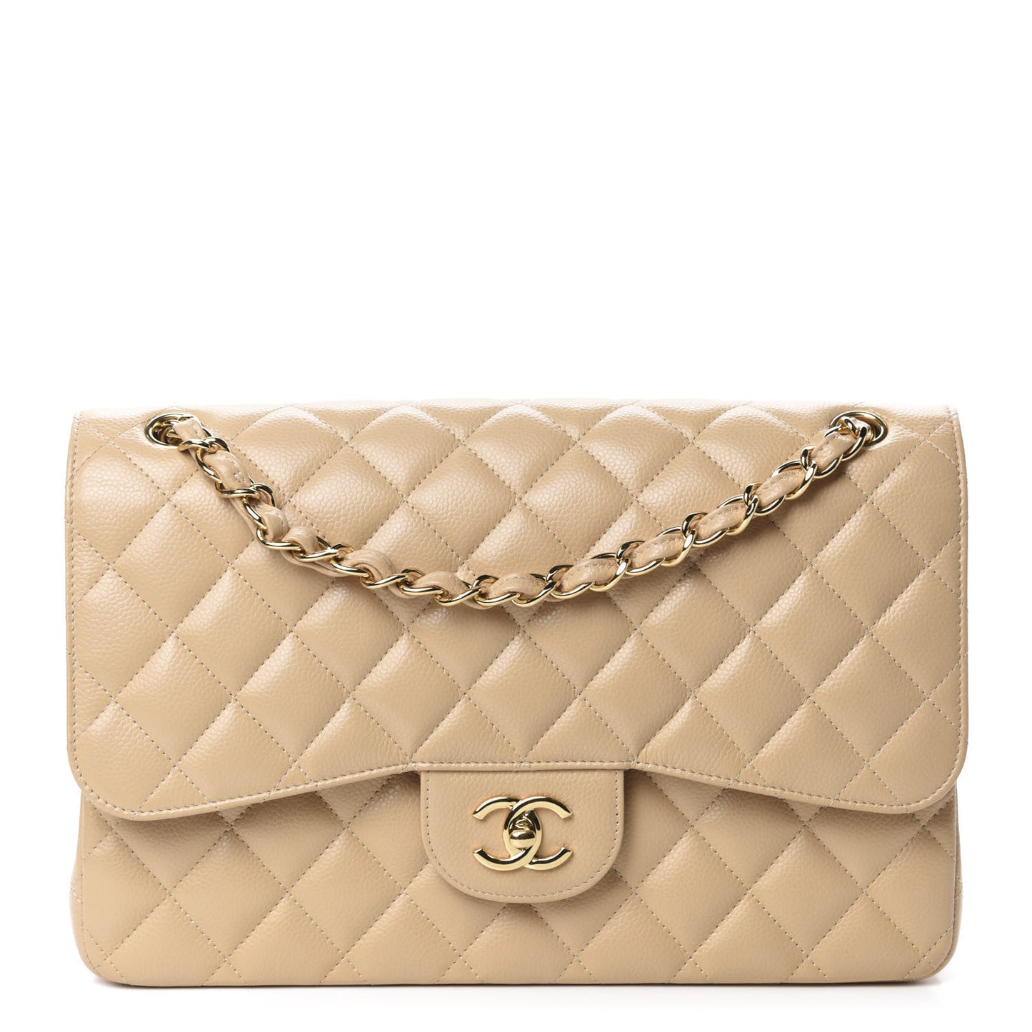 Caviar Quilted Jumbo Double Flap Beige Clair